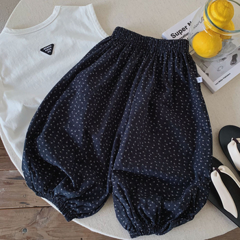 Pantaloni pentru copii, stil pădure Morandi, negru cu imprimeu floral mic, croială largă lantern, anti-țânțari, respirabili, pantaloni casual pentru exterior