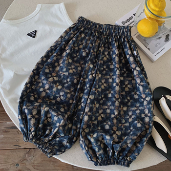 Pantaloni pentru copii, stil pădure Morandi, negru cu imprimeu floral mic, croială largă lantern, anti-țânțari, respirabili, pantaloni casual pentru exterior