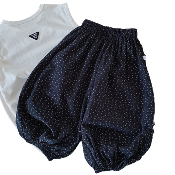 Pantaloni pentru copii, stil pădure Morandi, negru cu imprimeu floral mic, croială largă lantern, anti-țânțari, respirabili, pantaloni casual pentru exterior