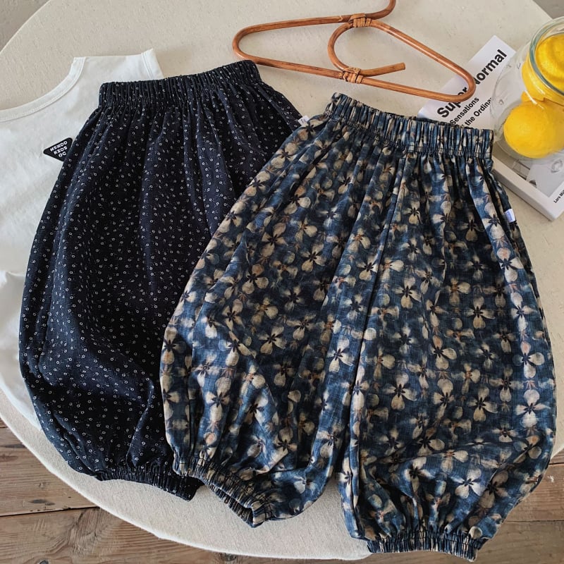 Pantaloni pentru copii, stil pădure Morandi, negru cu imprimeu floral mic, croială largă lantern, anti-țânțari, respirabili, pantaloni casual pentru exterior