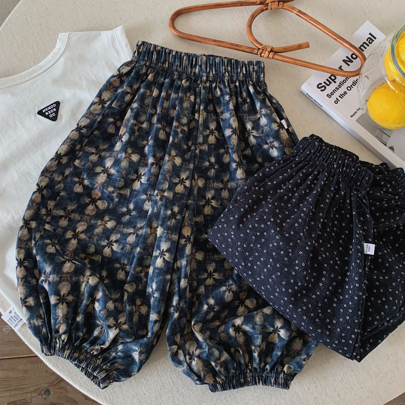 Pantaloni pentru copii, stil pădure Morandi, negru cu imprimeu floral mic, croială largă lantern, anti-țânțari, respirabili, pantaloni casual pentru exterior