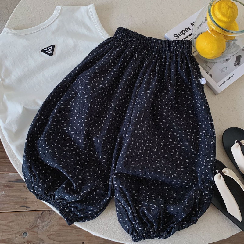 Pantaloni pentru copii, stil pădure Morandi, negru cu imprimeu floral mic, croială largă lantern, anti-țânțari, respirabili, pantaloni casual pentru exterior