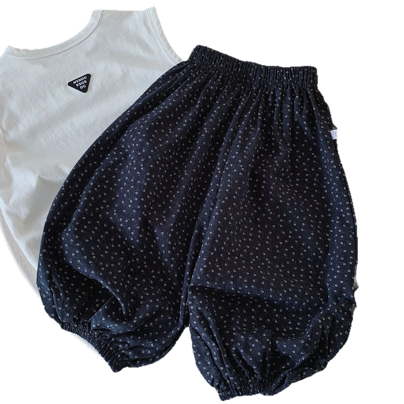 Pantaloni pentru copii, stil pădure Morandi, negru cu imprimeu floral mic, croială largă lantern, anti-țânțari, respirabili, pantaloni casual pentru exterior