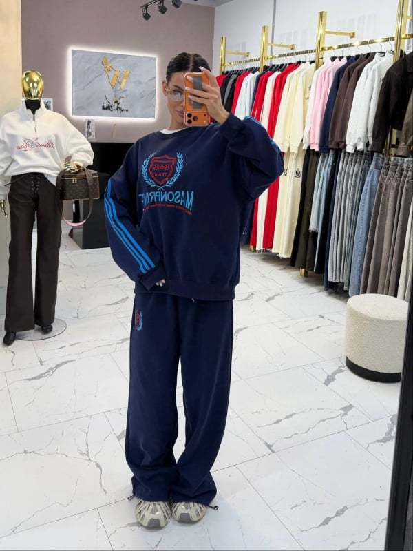 Set de două piese pentru relaxare, cu broderie și model 3D – bluza cu mânecă lungă și pantaloni, din amestec bumbac-poliester
