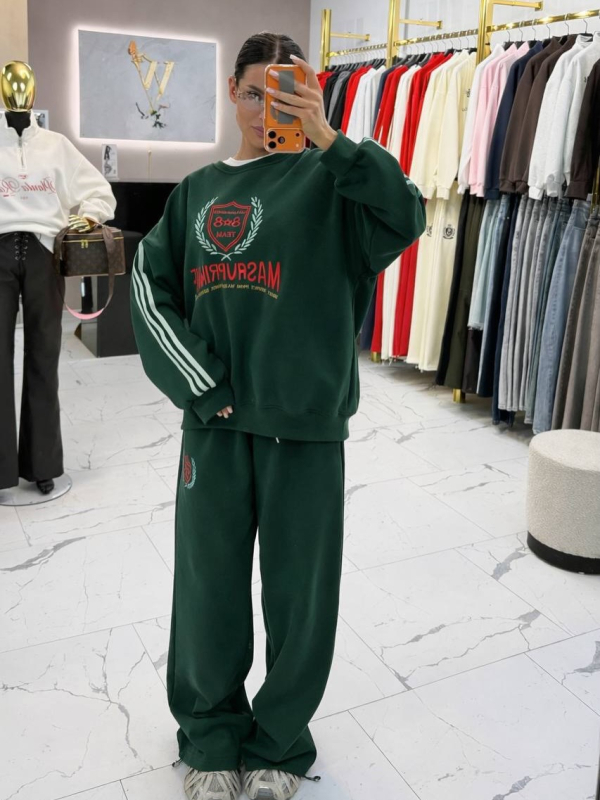 Set de două piese pentru relaxare, cu broderie și model 3D – bluza cu mânecă lungă și pantaloni, din amestec bumbac-poliester