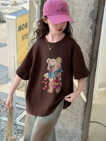 Tricou din bumbac 100% pentru copii, imprimeu ursuleț cartoon drăguț, mânecă scurtă, croială lejeră de vară