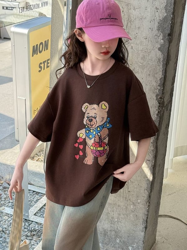 Tricou din bumbac 100% pentru copii, imprimeu ursuleț cartoon drăguț, mânecă scurtă, croială lejeră de vară