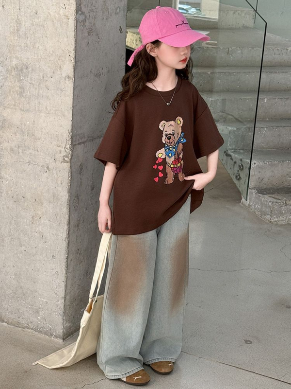 Tricou din bumbac 100% pentru copii, imprimeu ursuleț cartoon drăguț, mânecă scurtă, croială lejeră de vară
