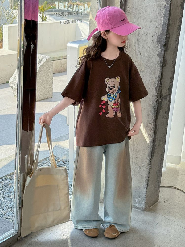 Tricou din bumbac 100% pentru copii, imprimeu ursuleț cartoon drăguț, mânecă scurtă, croială lejeră de vară