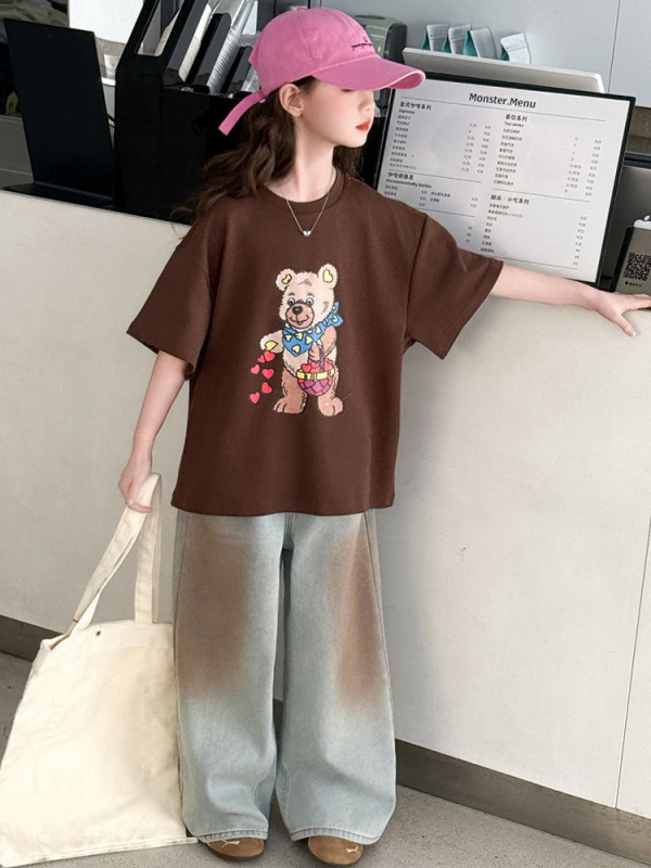 Tricou din bumbac 100% pentru copii, imprimeu ursuleț cartoon drăguț, mânecă scurtă, croială lejeră de vară