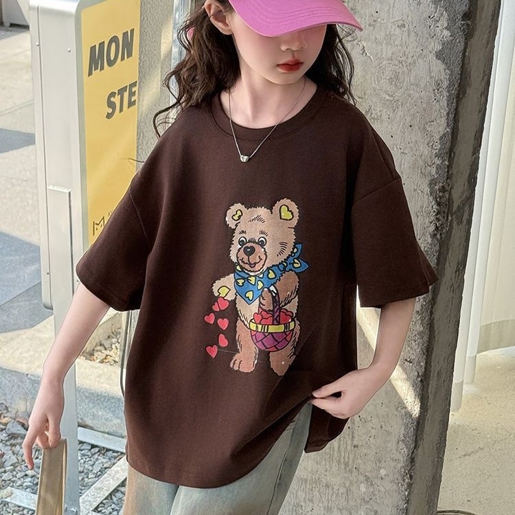 Tricou din bumbac 100% pentru copii, imprimeu ursuleț cartoon drăguț, mânecă scurtă, croială lejeră de vară