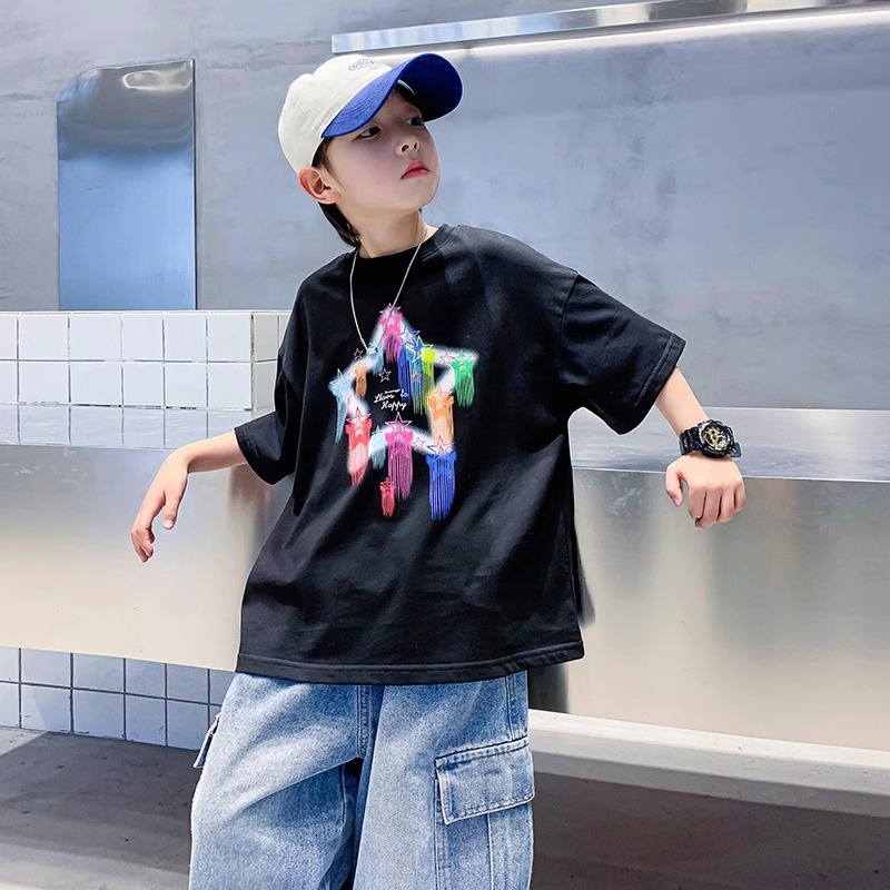 Tricou de vară pentru băieți, 100% bumbac, croială lejeră, mâneci scurte, brand la modă