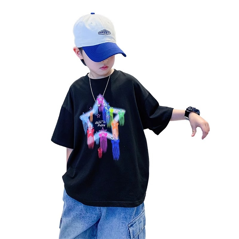 Tricou de vară pentru băieți, 100% bumbac, croială lejeră, mâneci scurte, brand la modă