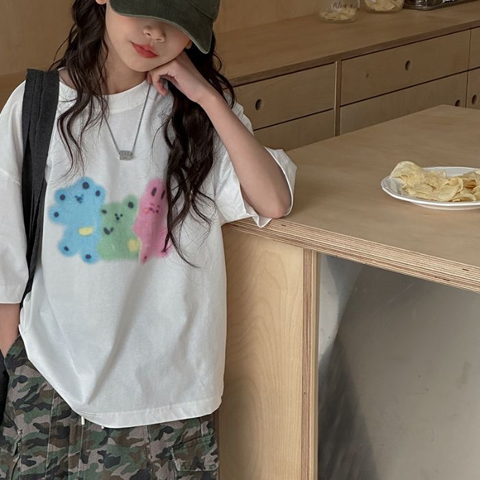 Tricou alb din bumbac pentru copii, mâneci scurte, vară