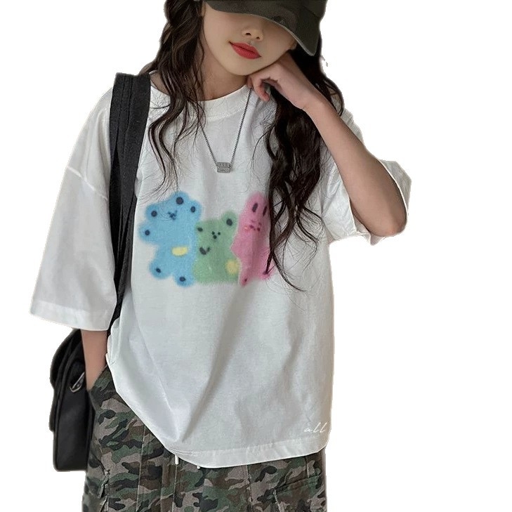Tricou alb din bumbac pentru copii, mâneci scurte, vară