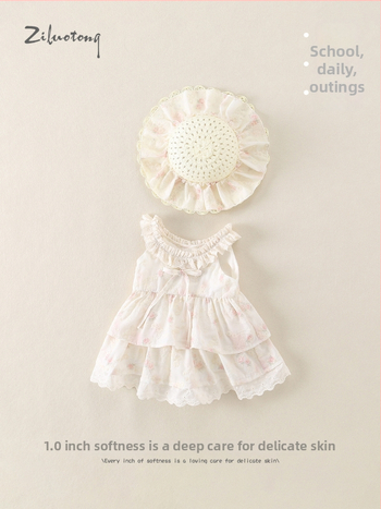 Rochie mov pentru fetițe mici, vară respirabilă, stil prințesă, bretele, imprimeu floral