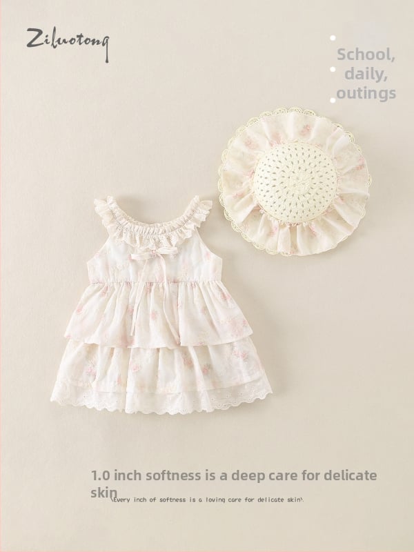 Rochie mov pentru fetițe mici, vară respirabilă, stil prințesă, bretele, imprimeu floral