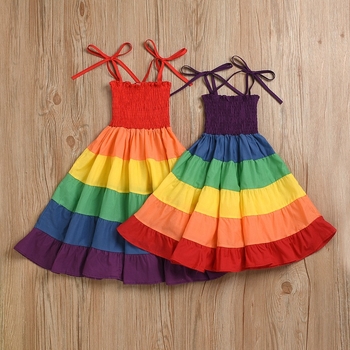 Rochie din bumbac în culori curcubeu, corset cu șnur, pentru fetițe mici, stil prințesă
