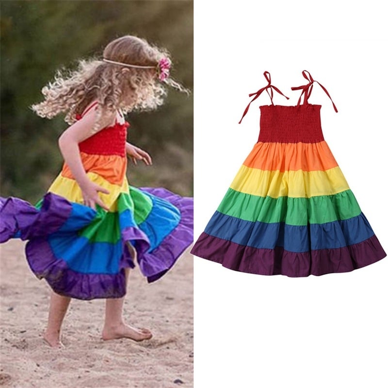Rochie din bumbac în culori curcubeu, corset cu șnur, pentru fetițe mici, stil prințesă