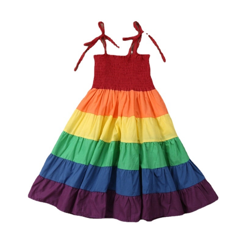 Rochie din bumbac în culori curcubeu, corset cu șnur, pentru fetițe mici, stil prințesă