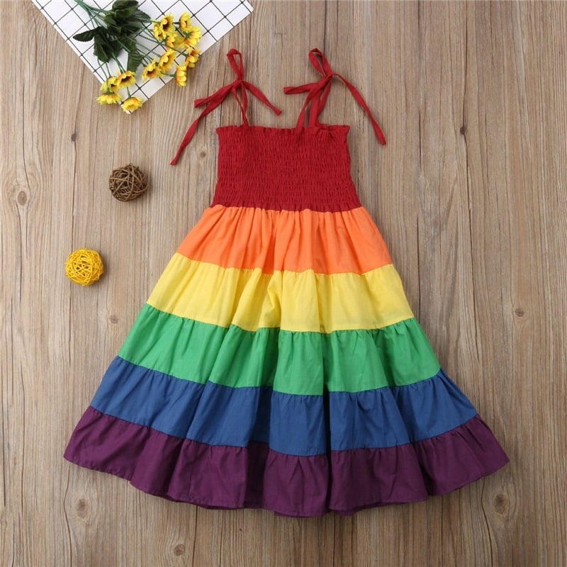 Rochie din bumbac în culori curcubeu, corset cu șnur, pentru fetițe mici, stil prințesă