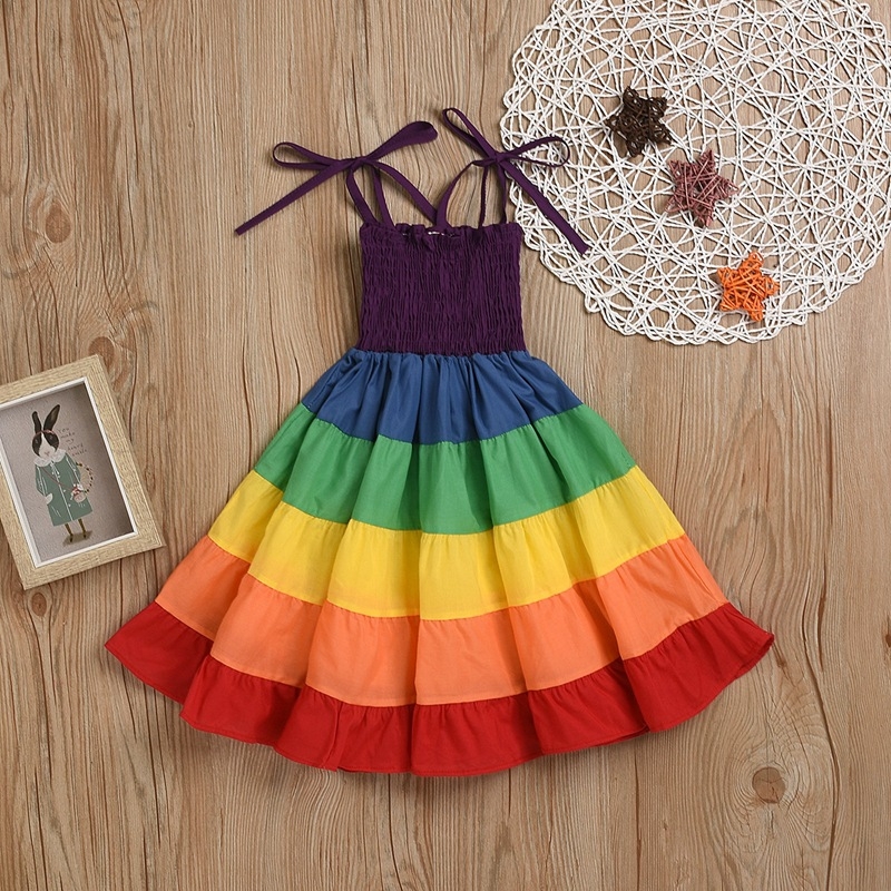 Rochie din bumbac în culori curcubeu, corset cu șnur, pentru fetițe mici, stil prințesă