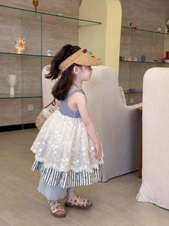 Rochie de vară pentru fete, din bumbac, patchwork în dungi și plasă, bretele