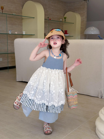 Rochie de vară pentru fete, din bumbac, patchwork în dungi și plasă, bretele
