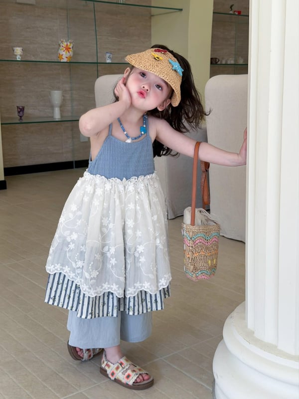 Rochie de vară pentru fete, din bumbac, patchwork în dungi și plasă, bretele