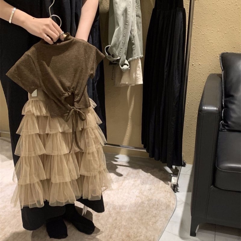 Set de vară pentru fete: două piese: tricou fără spate și fustă din tul, stil coreean, vară 2026.