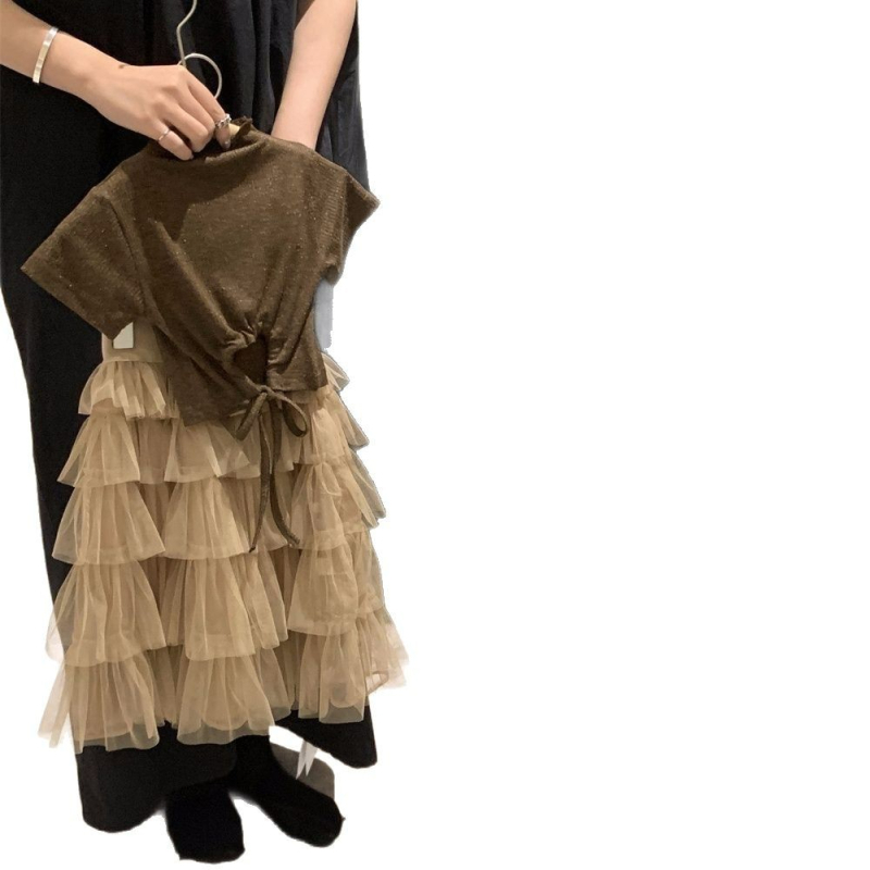Set de vară pentru fete: două piese: tricou fără spate și fustă din tul, stil coreean, vară 2026.