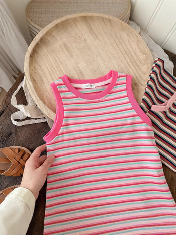 Rochie pentru fetițe din bumbac, fără mâneci, cu bretele, dungată, vară, croială A-line, căptușeală din bumbac