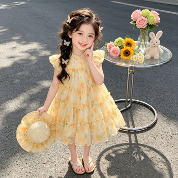 Rochie de vară pentru fete, cu imprimeu floral, fără mâneci, stil prințesă