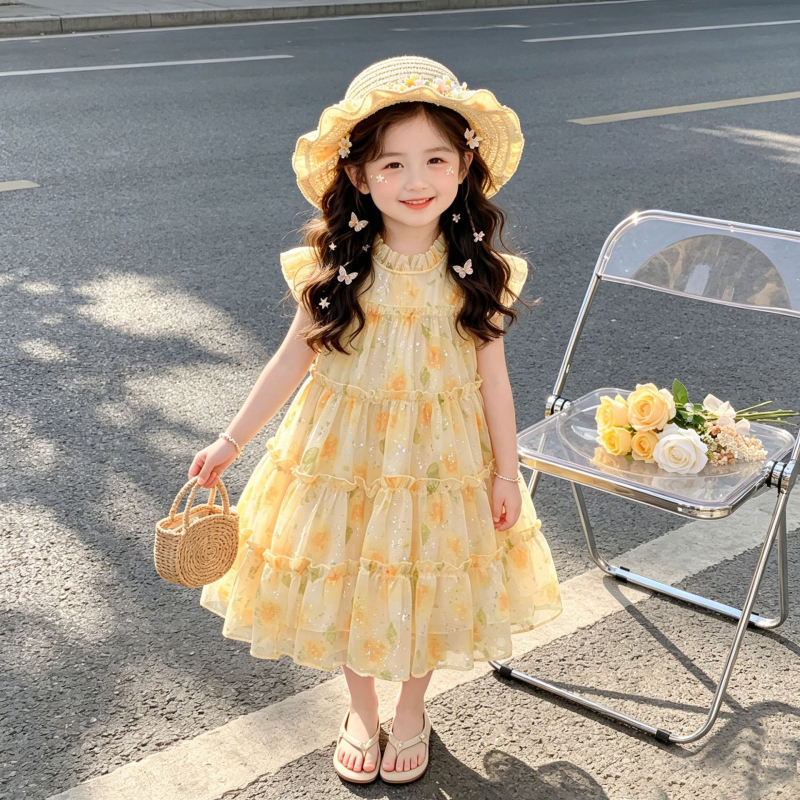 Rochie de vară pentru fete, cu imprimeu floral, fără mâneci, stil prințesă