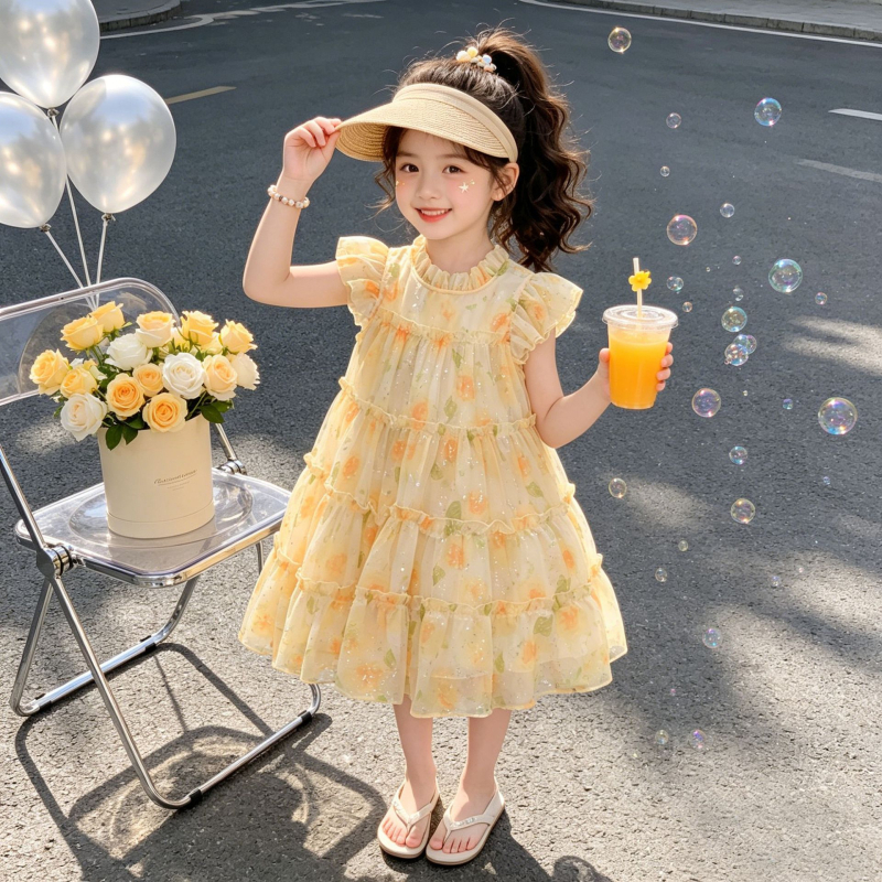 Rochie de vară pentru fete, cu imprimeu floral, fără mâneci, stil prințesă