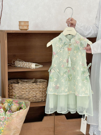 Xie Jinmao 2026 Vară - Rochie pentru fete în stil chinezesc, cu broderie florală, căptușeală 100% bumbac și patchwork din plasă