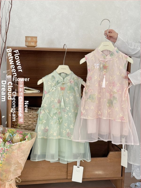 Xie Jinmao 2026 Vară - Rochie pentru fete în stil chinezesc, cu broderie florală, căptușeală 100% bumbac și patchwork din plasă