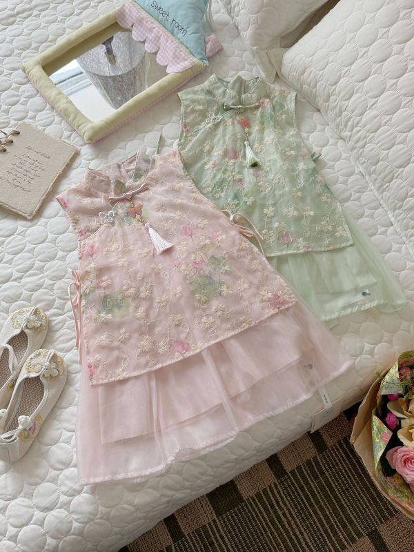 Xie Jinmao 2026 Vară - Rochie pentru fete în stil chinezesc, cu broderie florală, căptușeală 100% bumbac și patchwork din plasă