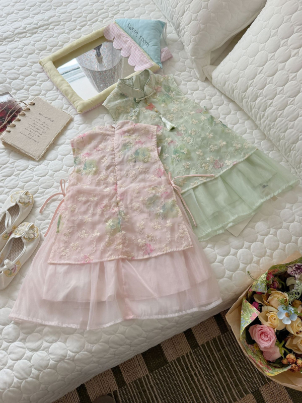 Xie Jinmao 2026 Vară - Rochie pentru fete în stil chinezesc, cu broderie florală, căptușeală 100% bumbac și patchwork din plasă