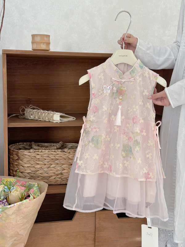 Xie Jinmao 2026 Vară - Rochie pentru fete în stil chinezesc, cu broderie florală, căptușeală 100% bumbac și patchwork din plasă