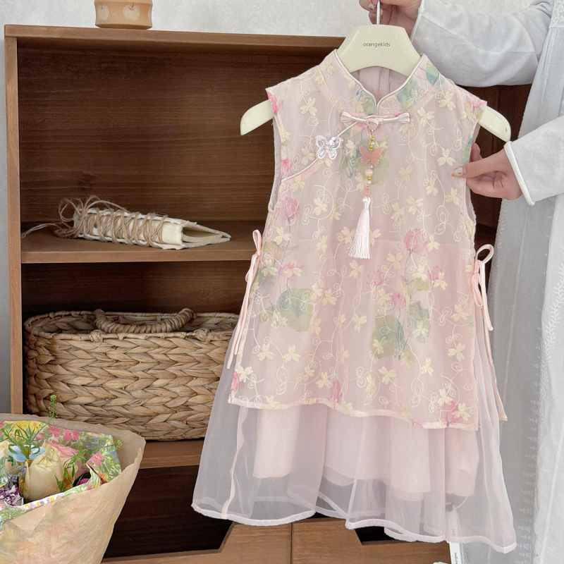 Xie Jinmao 2026 Vară - Rochie pentru fete în stil chinezesc, cu broderie florală, căptușeală 100% bumbac și patchwork din plasă