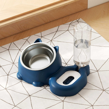 Set dublu de boluri pentru pisici și câini, dozator de apă și mâncare, plastic ABS, albastru