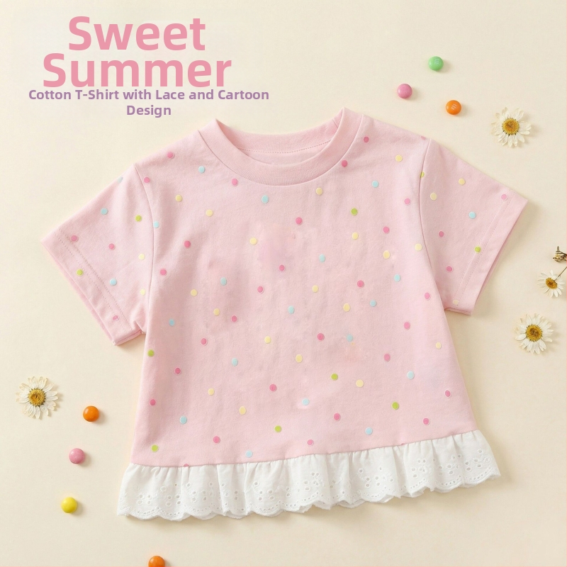 Tricou pentru fetițe cu mâneci scurte, vară 2026, subțire, cu model Dopamină