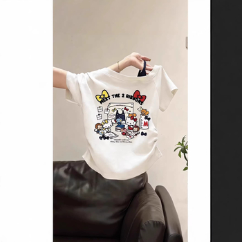 Tricou de vară pentru copii, cu umăr descoperit, mâneci scurte, din bumbac, stil coreean