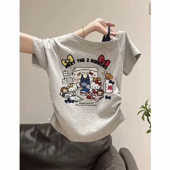 Tricou de vară pentru copii, cu umăr descoperit, mâneci scurte, din bumbac, stil coreean