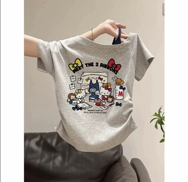 Tricou de vară pentru copii, cu umăr descoperit, mâneci scurte, din bumbac, stil coreean