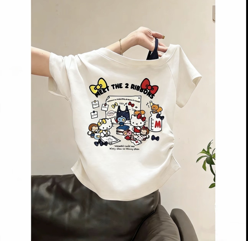 Tricou de vară pentru copii, cu umăr descoperit, mâneci scurte, din bumbac, stil coreean