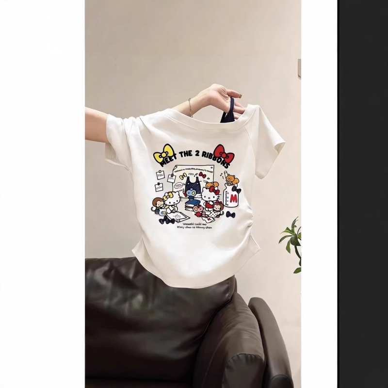 Tricou de vară pentru copii, cu umăr descoperit, mâneci scurte, din bumbac, stil coreean