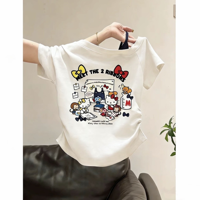 Tricou de vară pentru copii, cu umăr descoperit, mâneci scurte, din bumbac, stil coreean