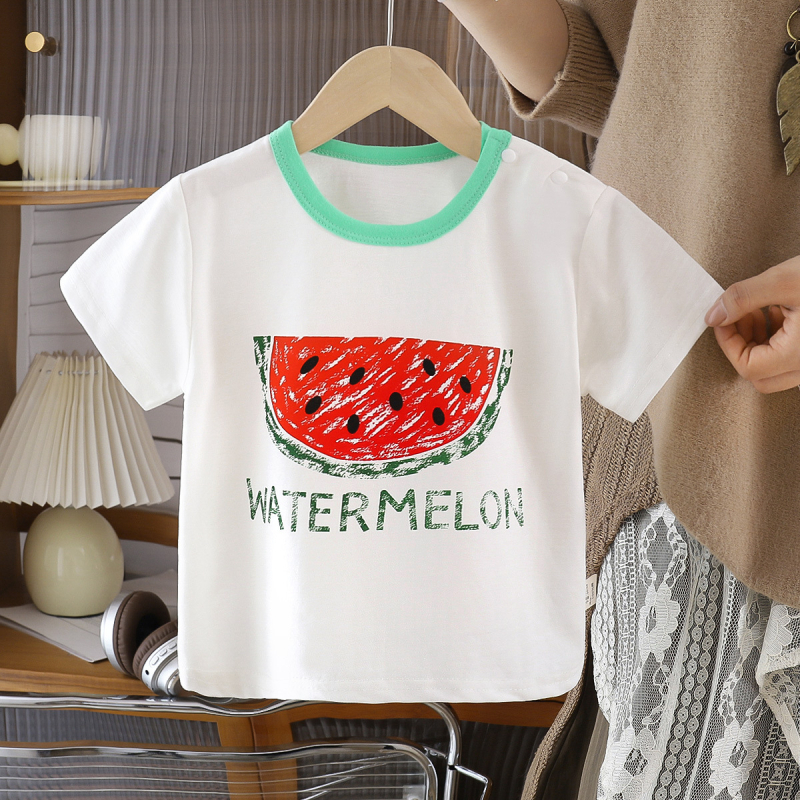 Tricou pentru copii cu mâneci scurte, 100% bumbac, vară 2026, stil coreean, imprimeu fructe și litere